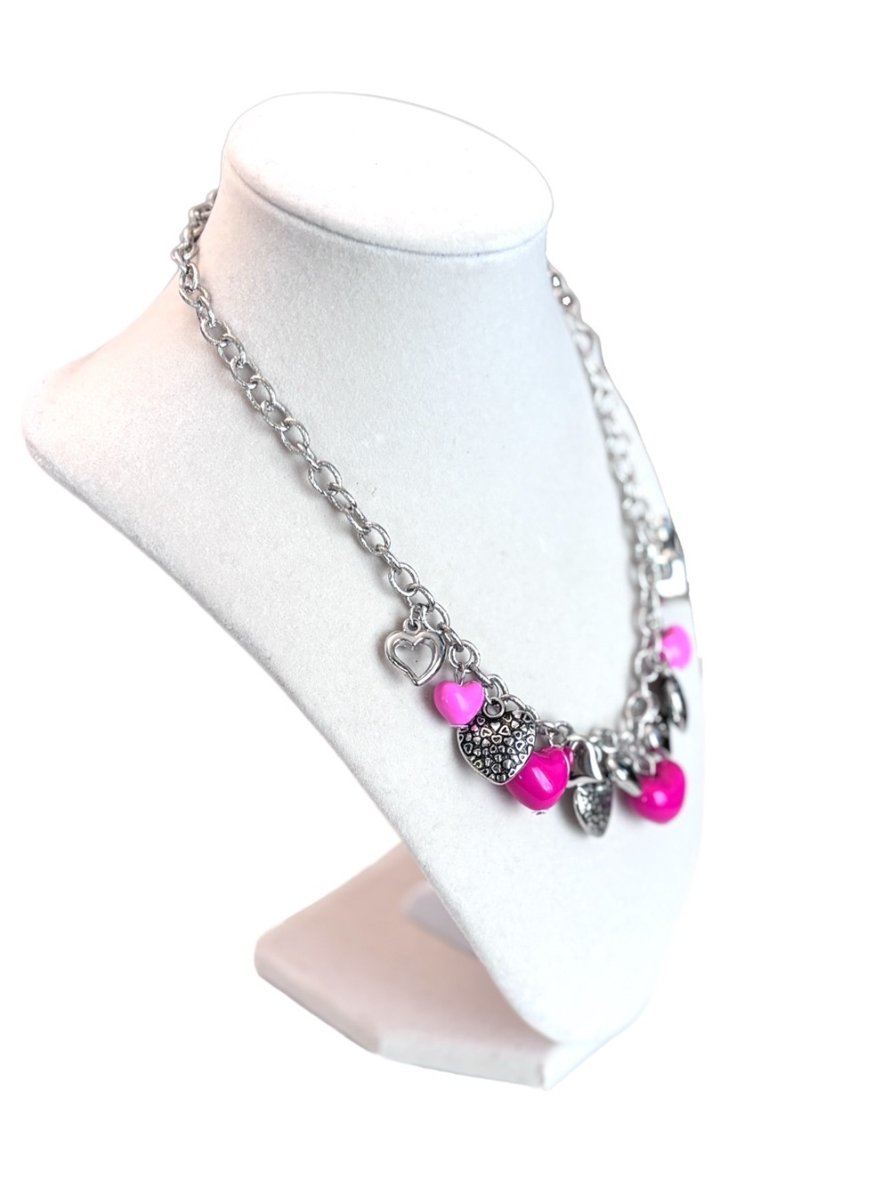 Pink, Mauve and Silver Heart Charms with Silver Chain Link Necklace - Picture 4 of 5
